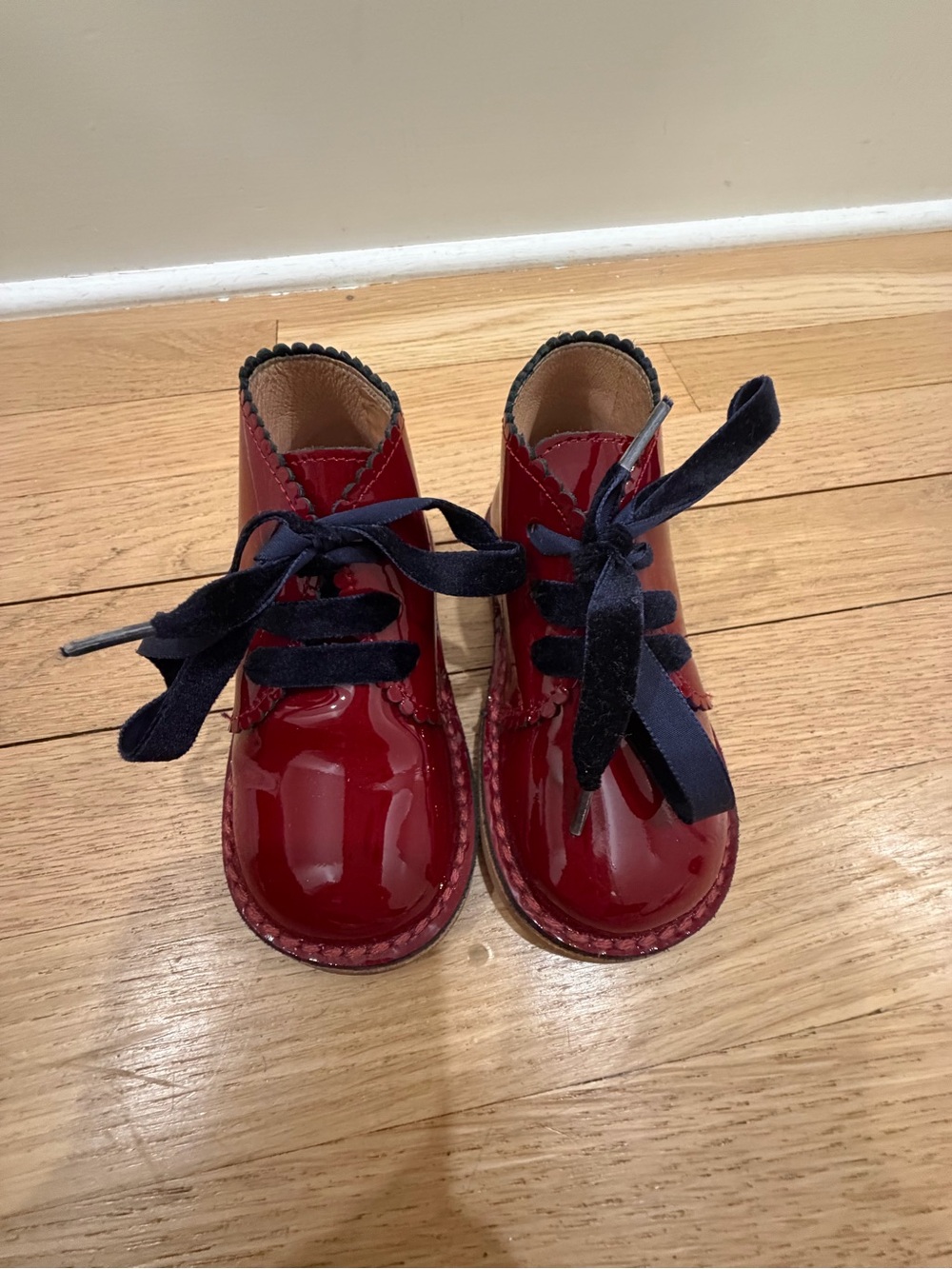 Jacadi Red Patent Ankle Boots with Navy Velvet Laces